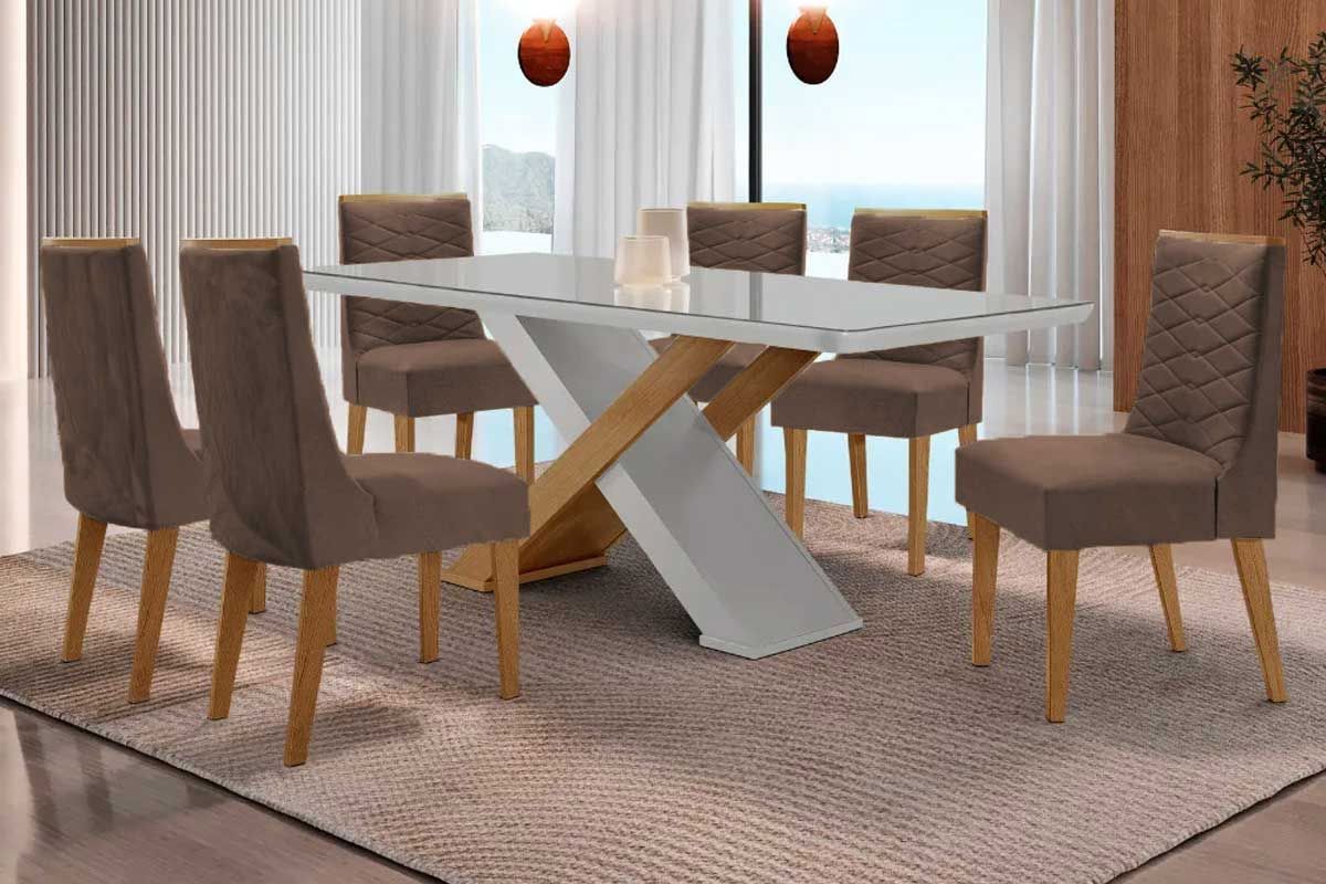Sala Jantar Mesa Imperatriz Tampo c/ Vidro Curvo 180cm+6 Cadeiras Maldivas Madeira - Rufato