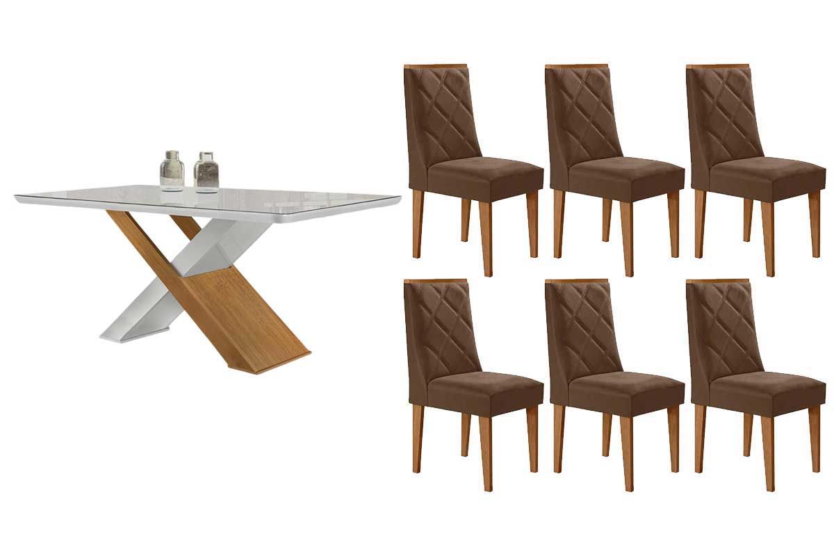 Sala Jantar Mesa Imperatriz Tampo c/ Vidro Curvo 180cm+6 Cadeiras Pietá Madeira - Rufato