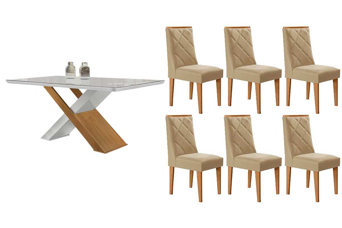 Sala Jantar Mesa Imperatriz Tampo c/ Vidro Curvo 180cm+6 Cadeiras Pietá Madeira - Rufato