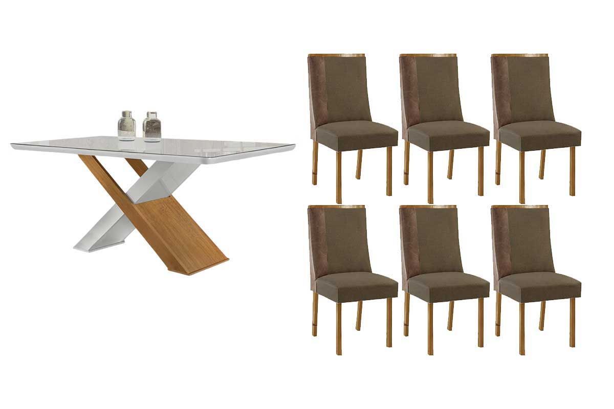 Sala Jantar Mesa Imperatriz Tampo c/ Vidro Curvo 180cm+6 Cadeiras Tilia Madeira - Rufato
