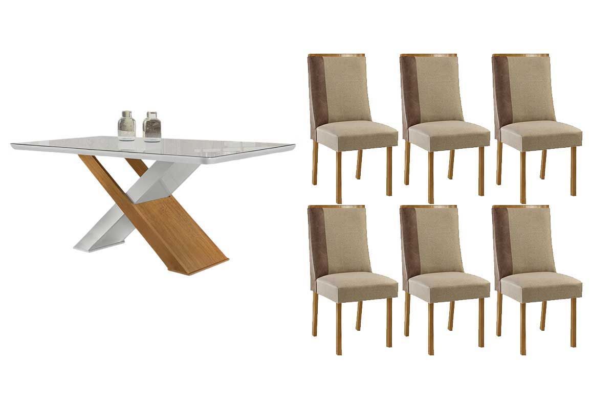 Sala Jantar Mesa Imperatriz Tampo c/ Vidro Curvo 180cm+6 Cadeiras Tilia Madeira - Rufato