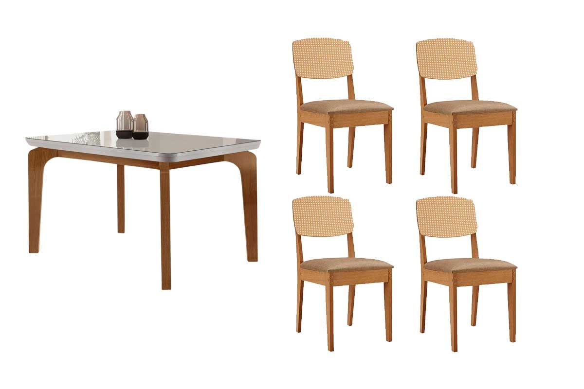Sala Jantar Mesa Londrina Tampo c/ Vidro Curvo 120cm+4 Cadeiras Havana - Rufato