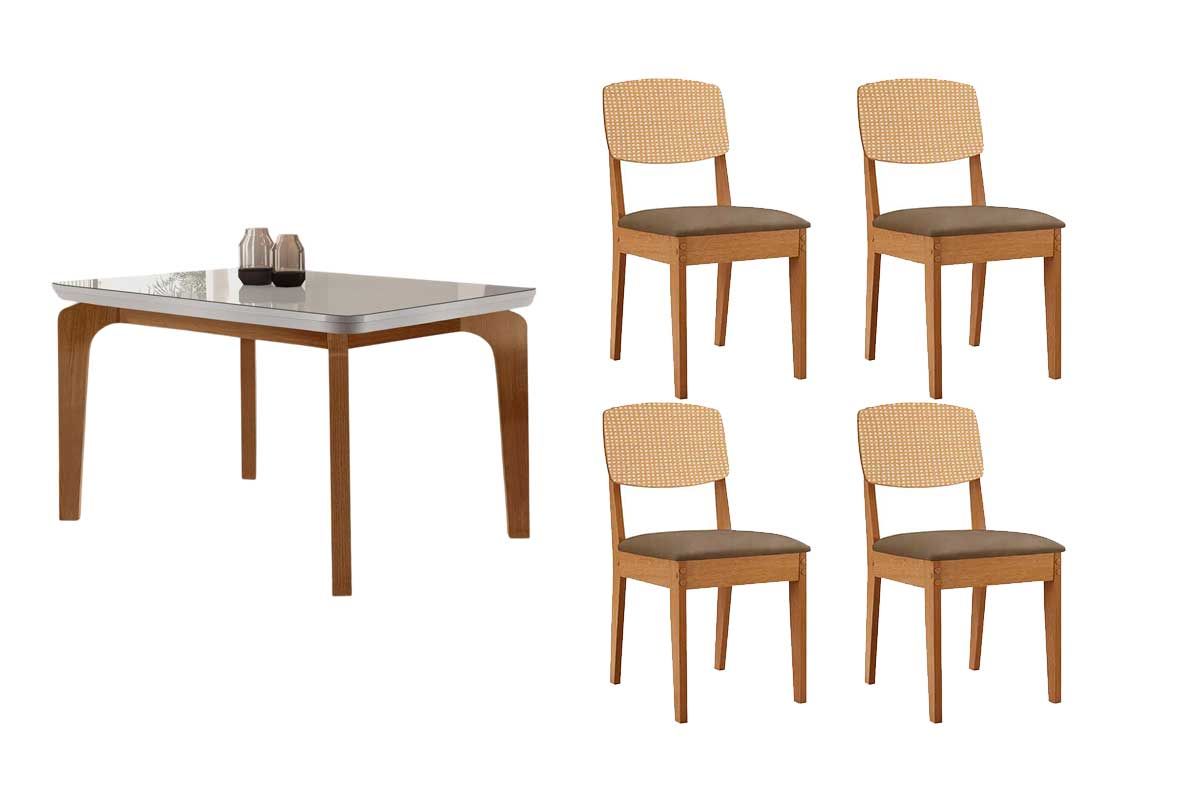 Sala Jantar Mesa Londrina Tampo c/ Vidro Curvo 120cm+4 Cadeiras Havana - Rufato