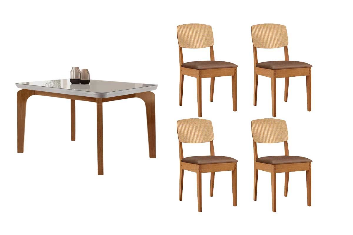 Sala Jantar Mesa Londrina Tampo c/ Vidro Curvo 120cm+4 Cadeiras Havana - Rufato