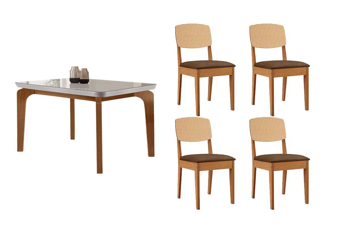 Sala Jantar Mesa Londrina Tampo c/ Vidro Curvo 120cm+4 Cadeiras Havana - Rufato