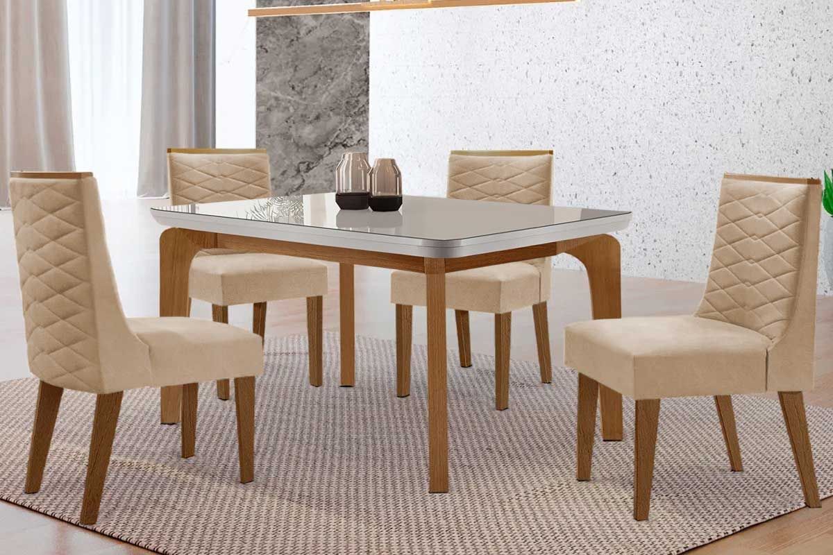 Sala Jantar Mesa Londrina Tampo c/ Vidro Curvo 120cm 4 Cadeiras Dafne Madeira - Rufato