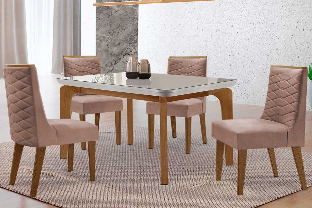 Sala Jantar Mesa Londrina Tampo c/ Vidro Curvo 120cm 4 Cadeiras Dafne Madeira - Rufato
