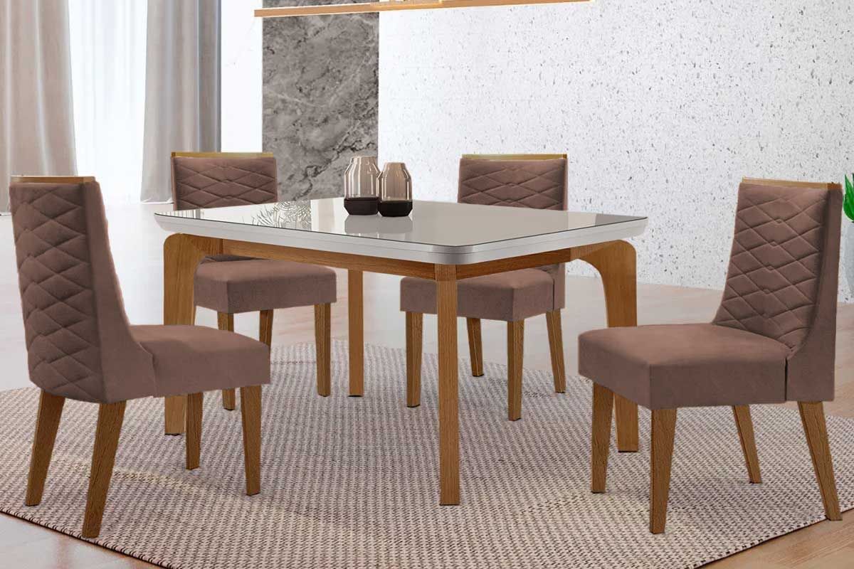 Sala Jantar Mesa Londrina Tampo c/ Vidro Curvo 120cm 4 Cadeiras Dafne Madeira - Rufato