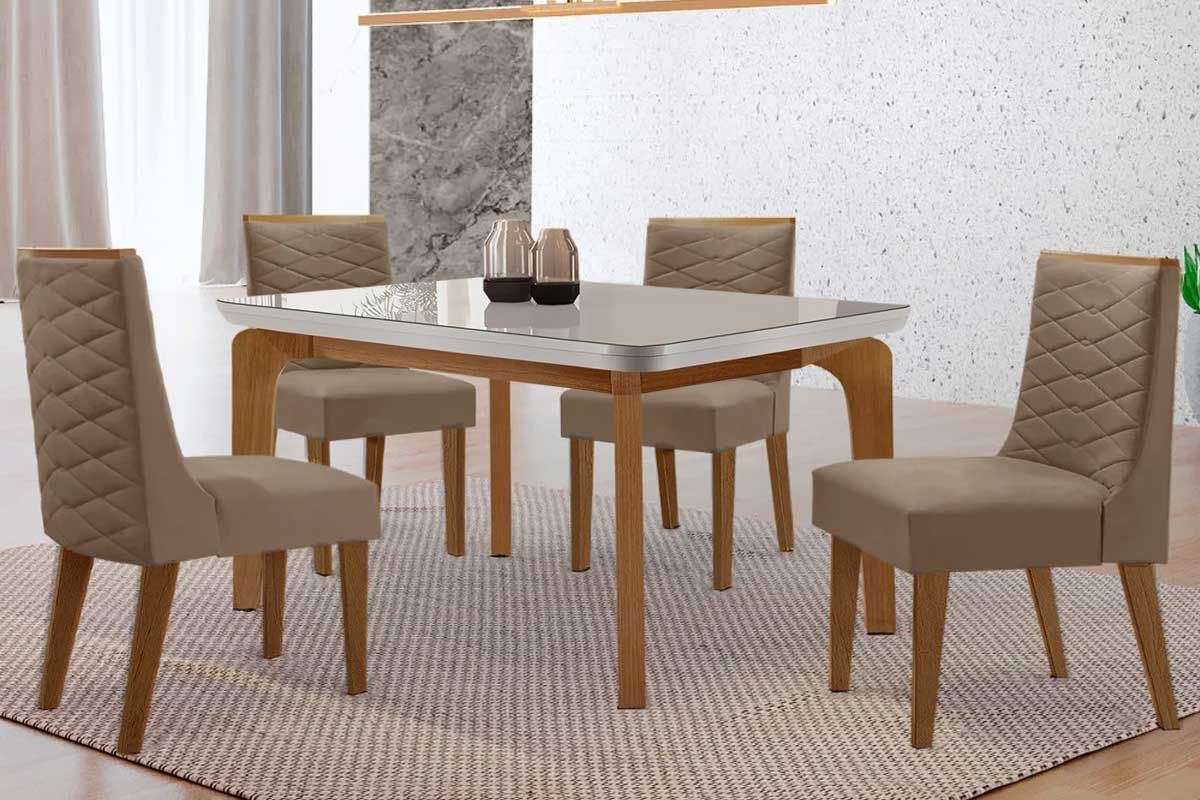Sala Jantar Mesa Londrina Tampo c/ Vidro Curvo 120cm 4 Cadeiras Dafne Madeira - Rufato