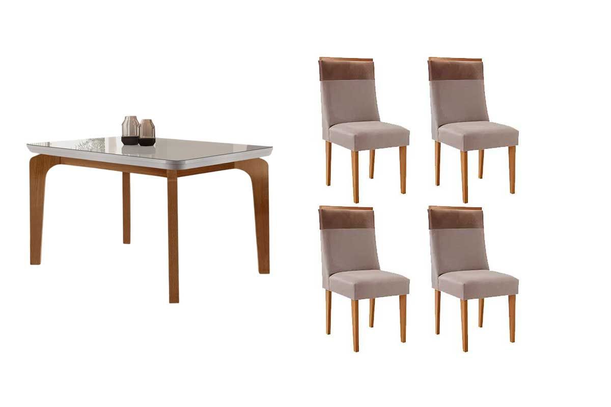 Sala Jantar Mesa Londrina Tampo c/ Vidro Curvo 120cm 4 Cadeiras Jaspe Madeira - Rufato