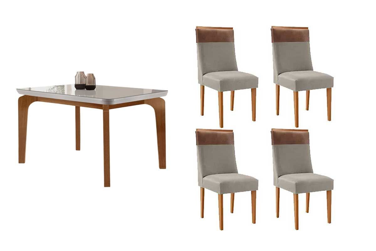 Sala Jantar Mesa Londrina Tampo c/ Vidro Curvo 120cm 4 Cadeiras Jaspe Madeira - Rufato