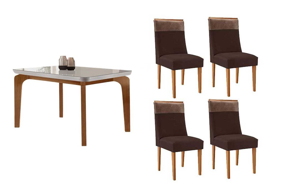 Sala Jantar Mesa Londrina Tampo c/ Vidro Curvo 120cm 4 Cadeiras Jaspe Madeira - Rufato