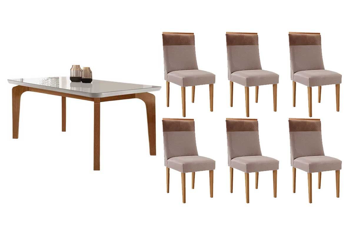 Sala Jantar Mesa Londrina Tampo c/ Vidro Curvo 180cm+6 Cadeiras Jaspe Madeira - Rufato