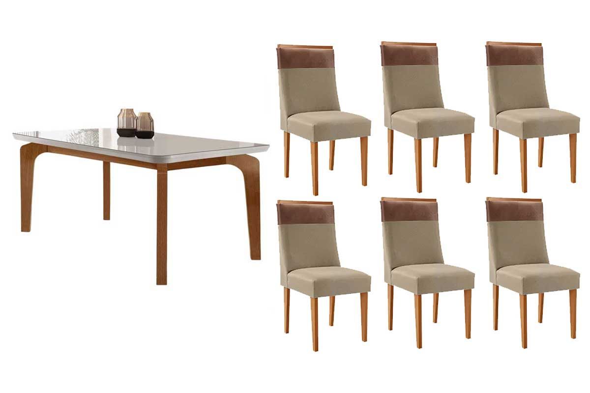 Sala Jantar Mesa Londrina Tampo c/ Vidro Curvo 180cm+6 Cadeiras Jaspe Madeira - Rufato