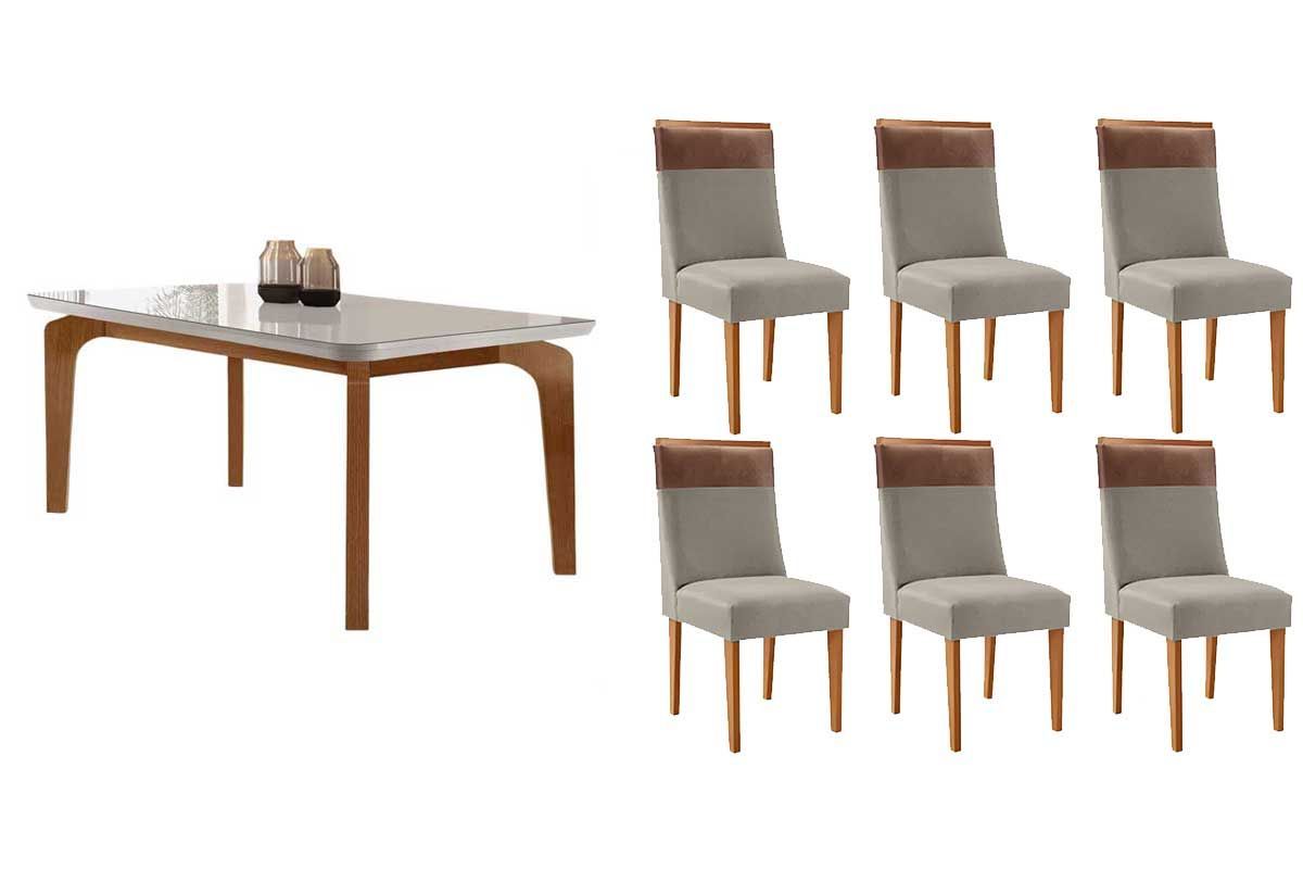 Sala Jantar Mesa Londrina Tampo c/ Vidro Curvo 180cm+6 Cadeiras Jaspe Madeira - Rufato