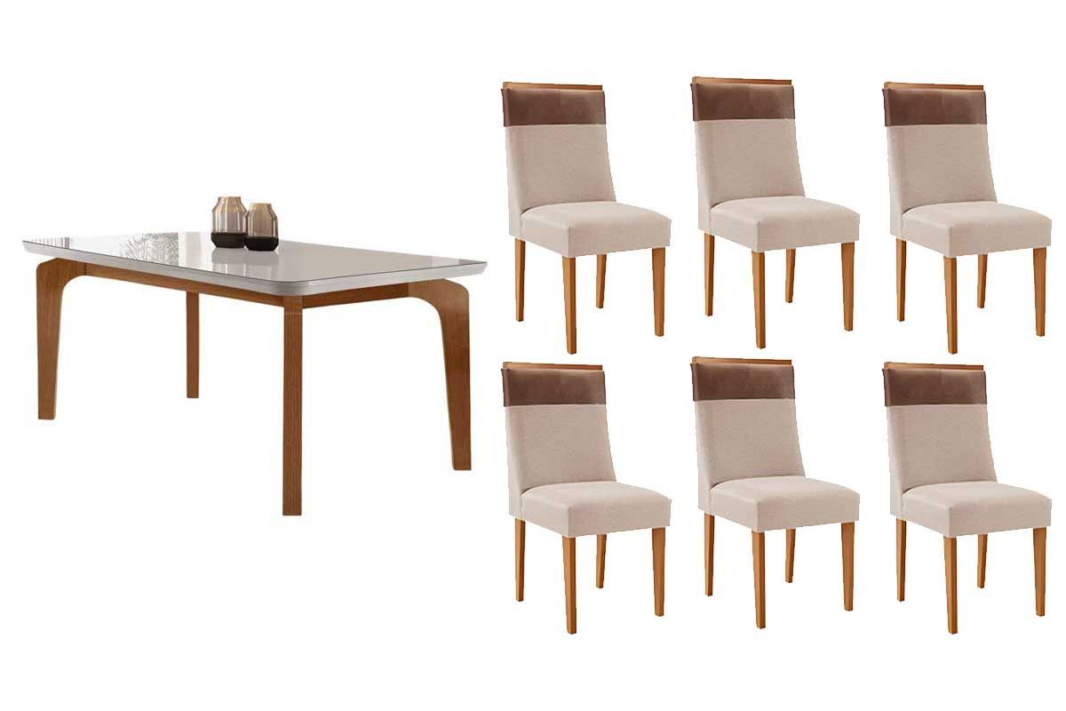 Sala Jantar Mesa Londrina Tampo c/ Vidro Curvo 180cm+6 Cadeiras Jaspe Madeira - Rufato