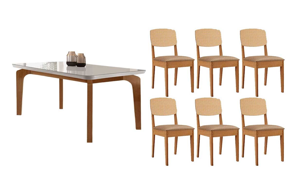 Sala Jantar Mesa Londrina Tampo c/ Vidro Curvo 180cm+6 Cadeiras Havana - Rufato