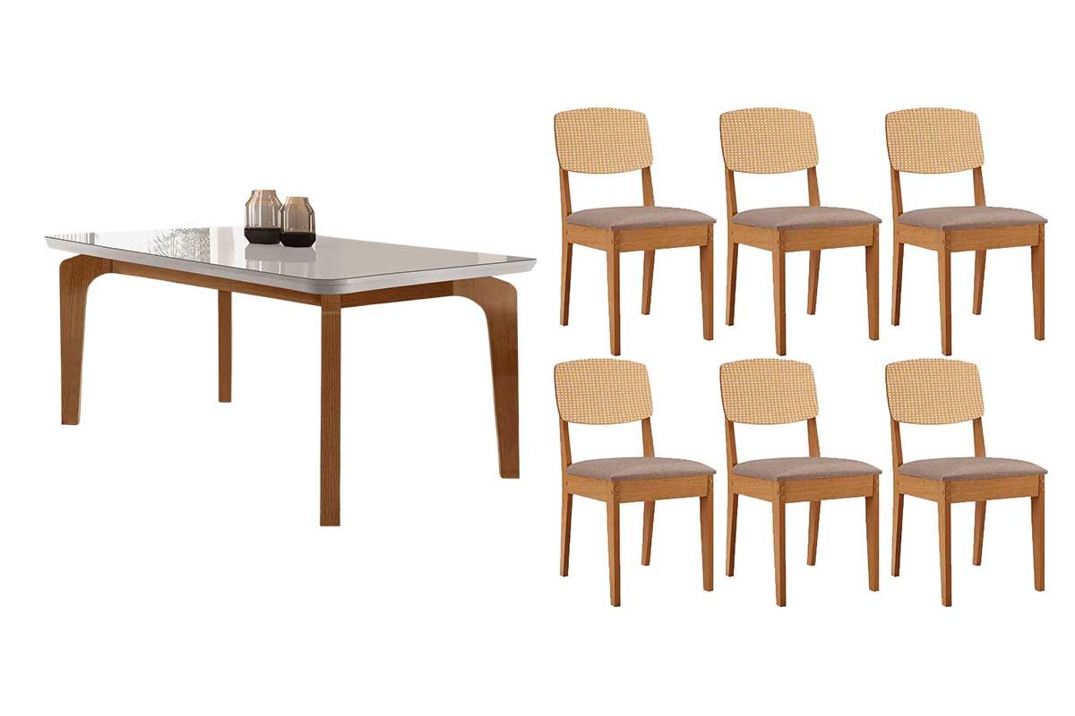 Sala Jantar Mesa Londrina Tampo c/ Vidro Curvo 180cm+6 Cadeiras Havana - Rufato
