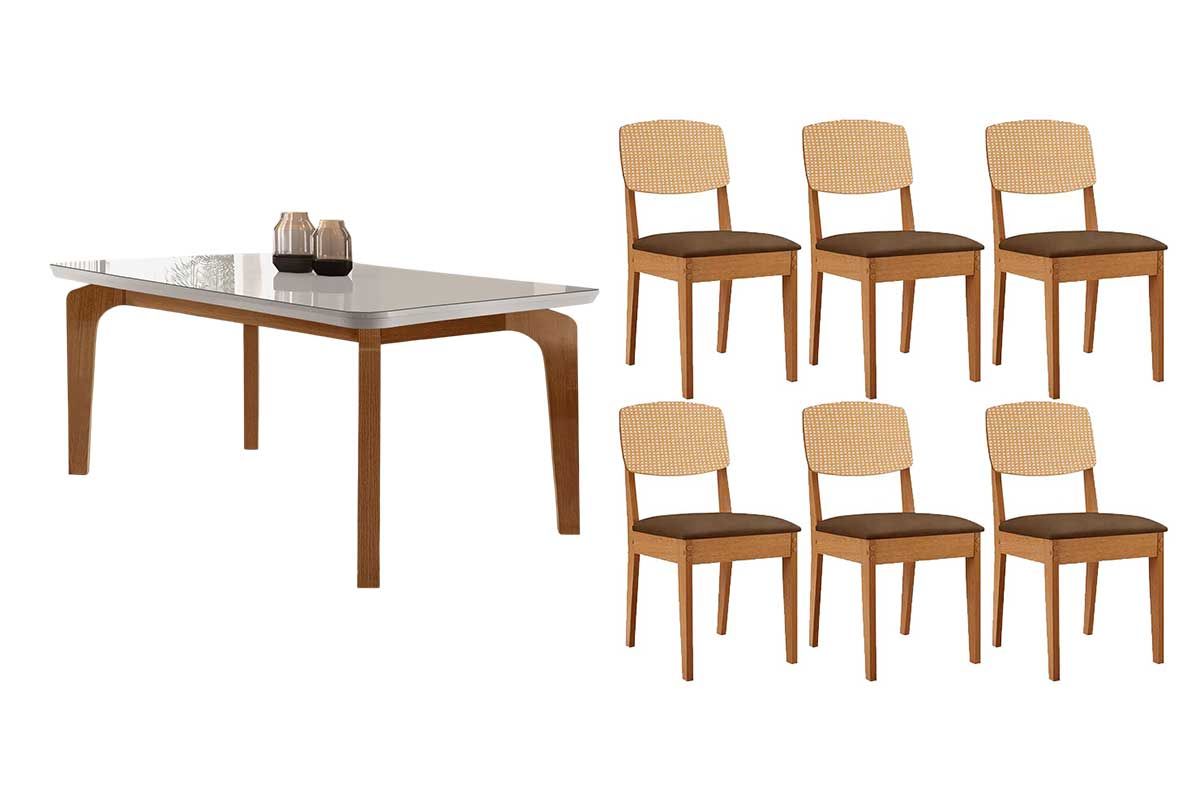 Sala Jantar Mesa Londrina Tampo c/ Vidro Curvo 180cm+6 Cadeiras Havana - Rufato