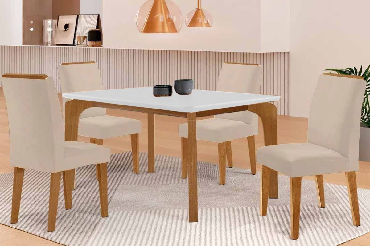 Sala Jantar Mesa Londrina Tampo c/ Vidro Curvo 120cm 4 Cadeiras Dakota Madeira - Rufato