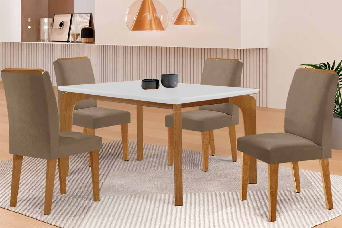 Sala Jantar Mesa Londrina Tampo c/ Vidro Curvo 120cm 4 Cadeiras Dakota Madeira - Rufato