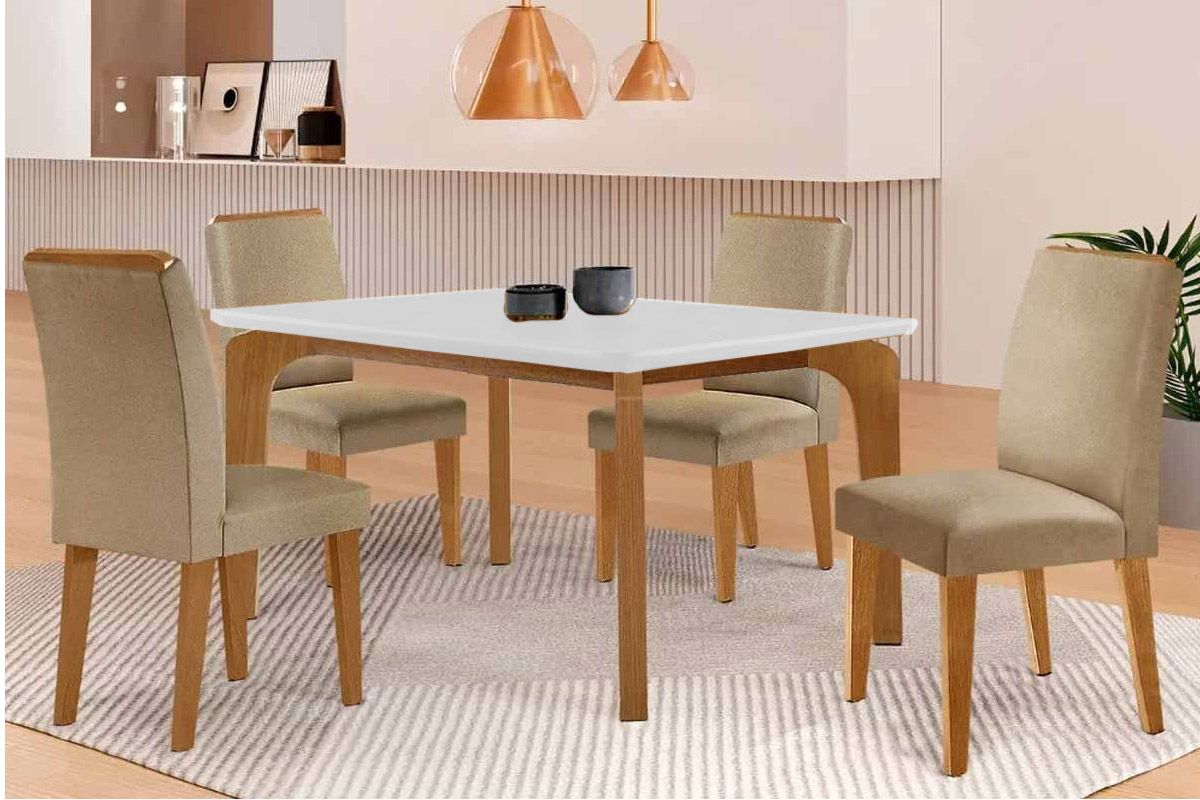 Sala Jantar Mesa Londrina Tampo c/ Vidro Curvo 120cm 4 Cadeiras Dakota Madeira - Rufato