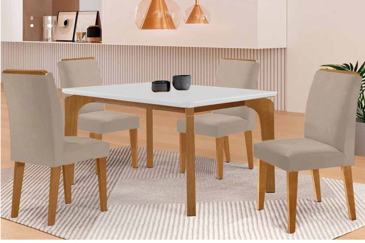 Sala Jantar Mesa Londrina Tampo c/ Vidro Curvo 120cm 4 Cadeiras Dakota Madeira - Rufato