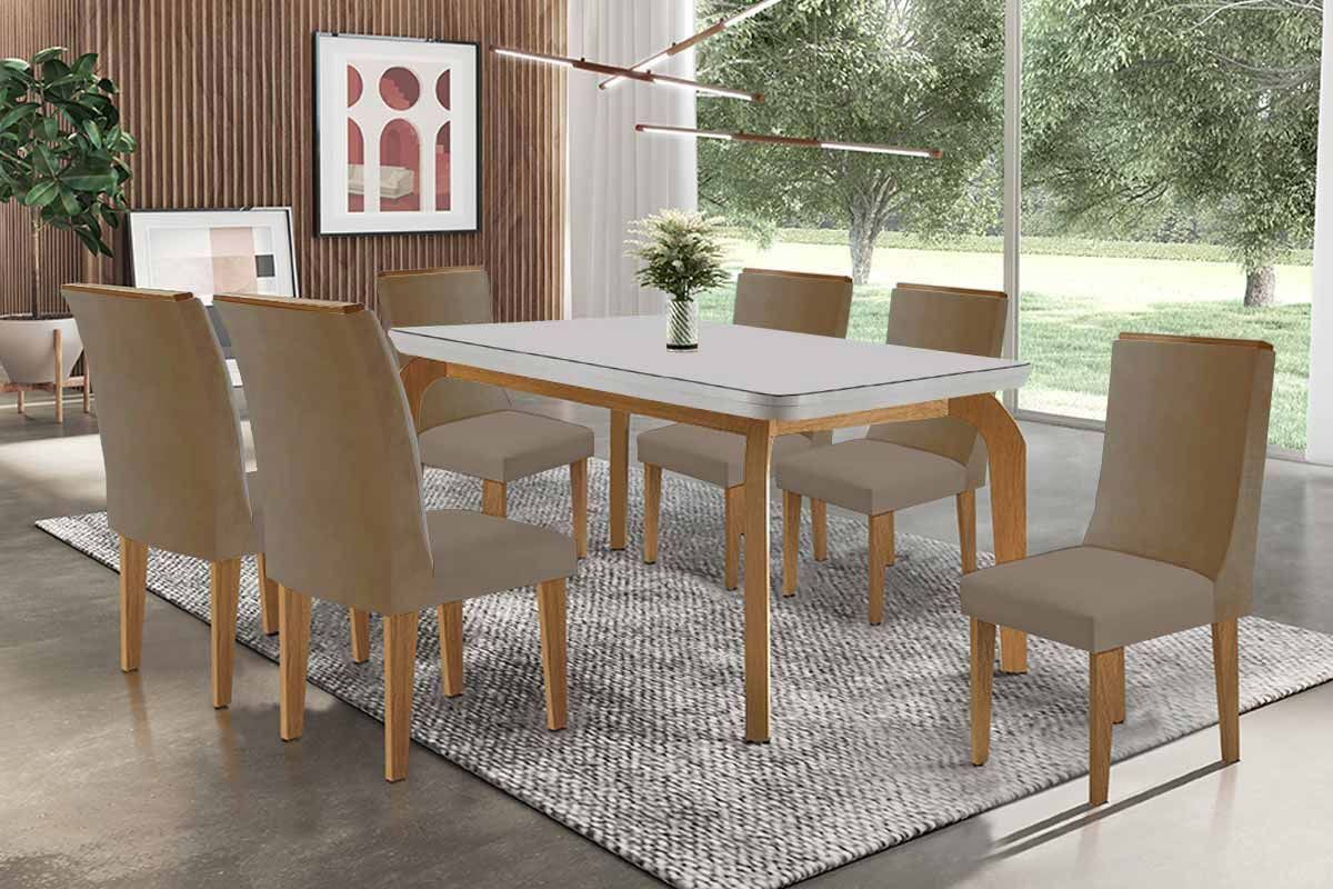 Sala de Jantar Completa Londrina c/ Tampo Madeirado c/ Vidro Canto Curvo 180x90cm e 6 Cadeiras Dakota Madeira Maciça - Rufato