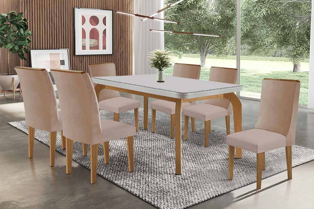 Sala de Jantar Completa Londrina c/ Tampo Madeirado c/ Vidro Canto Curvo 180x90cm e 6 Cadeiras Dakota Madeira Maciça - Rufato