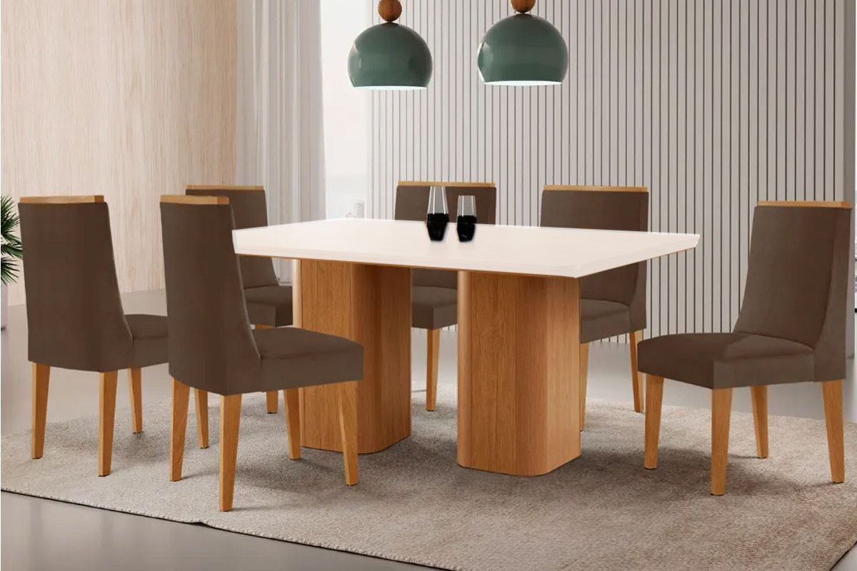 Sala Jantar Mesa Maldivas Tampo c/ Vidro Curvo 180cm+6 Cadeiras Dakota Madeira - Rufato