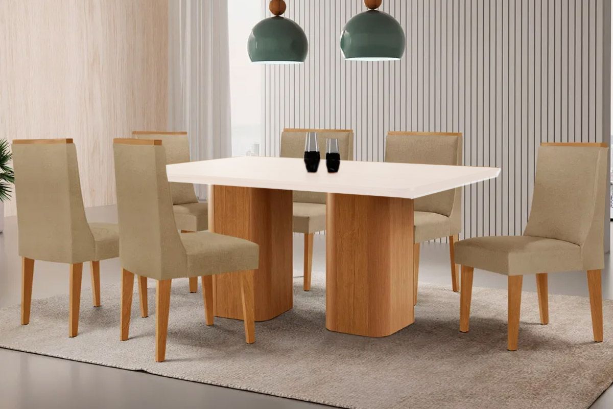 Sala Jantar Mesa Maldivas Tampo c/ Vidro Curvo 180cm+6 Cadeiras Dakota Madeira - Rufato