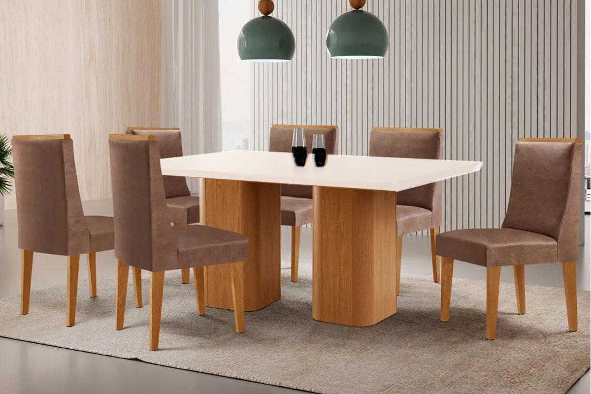 Sala Jantar Mesa Maldivas Tampo c/ Vidro Curvo 180cm+6 Cadeiras Dakota Madeira - Rufato