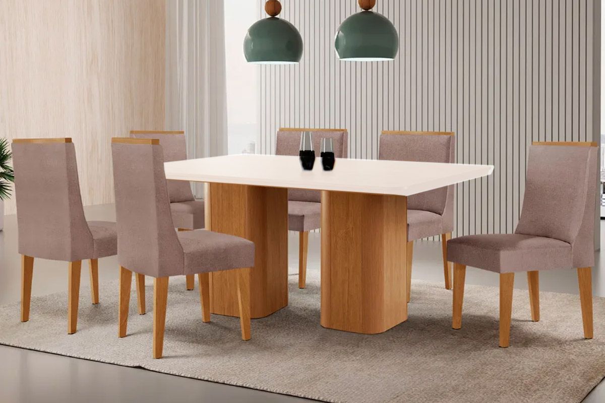 Sala Jantar Mesa Maldivas Tampo c/ Vidro Curvo 180cm+6 Cadeiras Dakota Madeira - Rufato