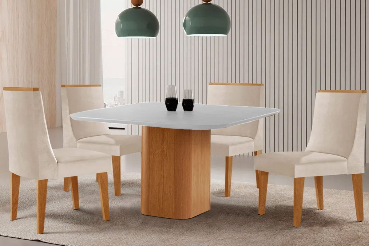Sala Jantar Mesa Maldivas Tampo c/ Vidro Curvo 90cm+4 Cadeiras Dakota Madeira - Rufato