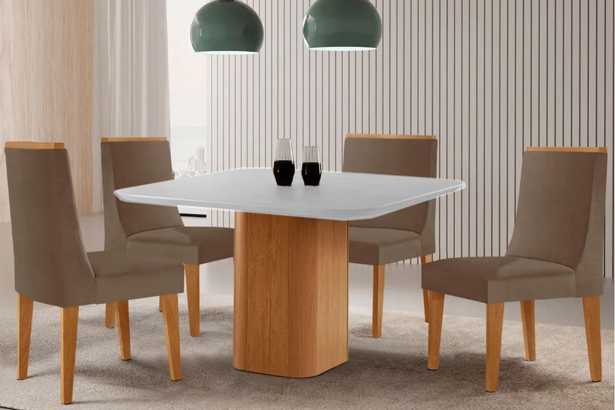 Sala Jantar Mesa Maldivas Tampo c/ Vidro Curvo 90cm+4 Cadeiras Dakota Madeira - Rufato
