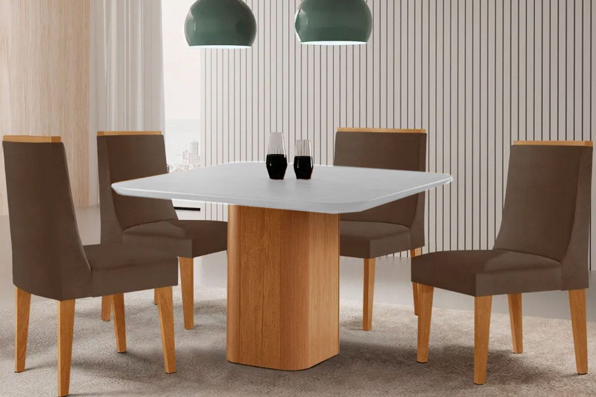 Sala Jantar Mesa Maldivas Tampo c/ Vidro Curvo 90cm+4 Cadeiras Dakota Madeira - Rufato