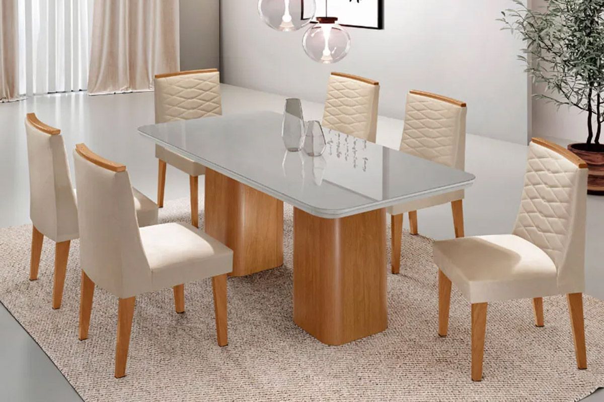 Sala Jantar Mesa Maldivas Tampo c/ Vidro Curvo 180cm+6 Cadeiras Maldivas Madeira - Rufato