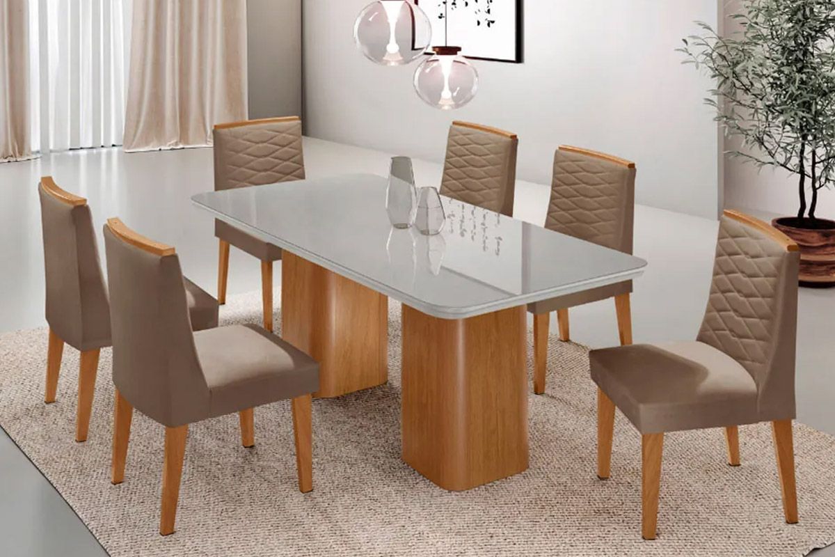 Sala Jantar Mesa Maldivas Tampo c/ Vidro Curvo 180cm+6 Cadeiras Maldivas Madeira - Rufato