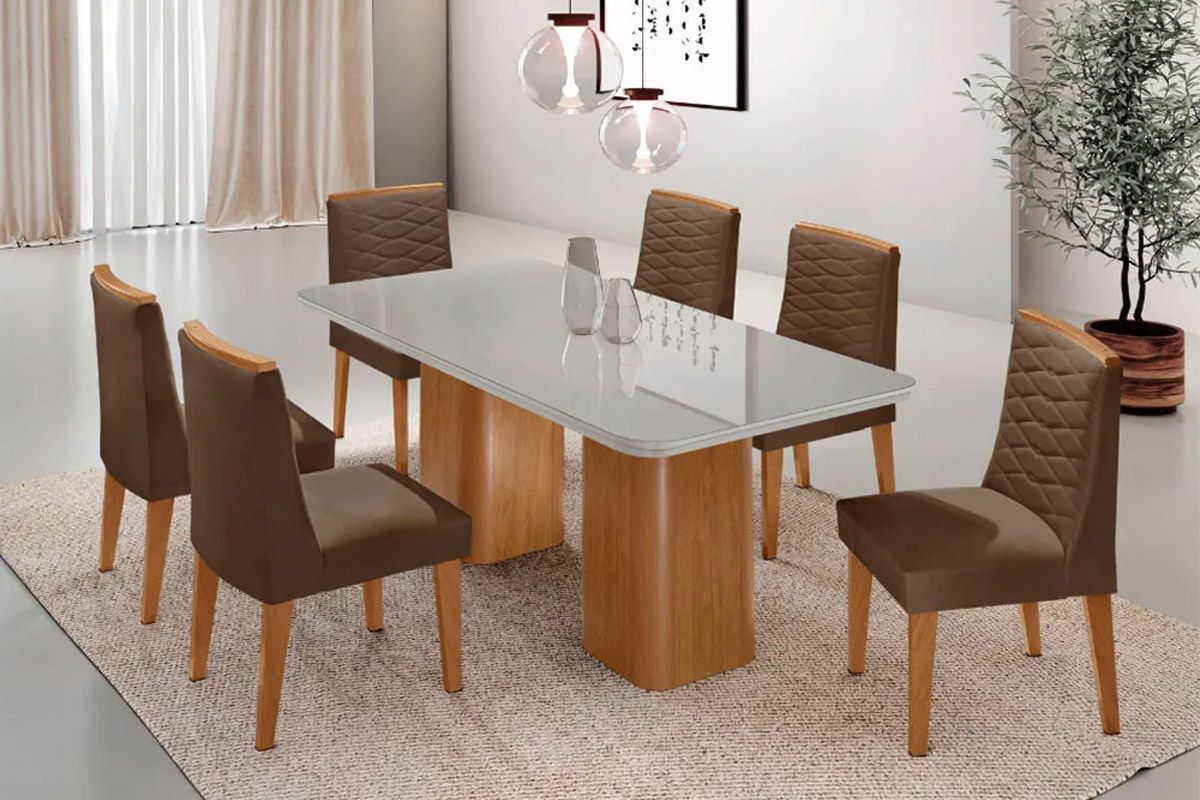 Sala Jantar Mesa Maldivas Tampo c/ Vidro Curvo 180cm+6 Cadeiras Maldivas Madeira - Rufato