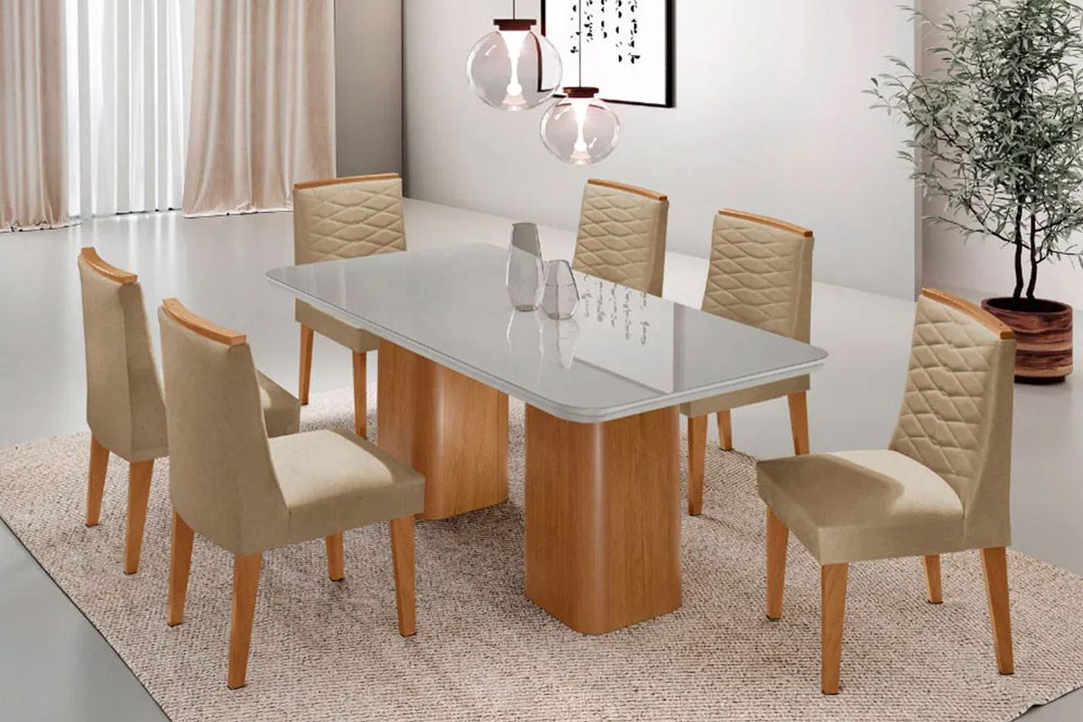 Sala Jantar Mesa Maldivas Tampo c/ Vidro Curvo 180cm+6 Cadeiras Maldivas Madeira - Rufato