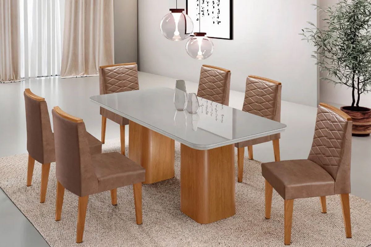 Sala Jantar Mesa Maldivas Tampo c/ Vidro Curvo 180cm+6 Cadeiras Maldivas Madeira - Rufato