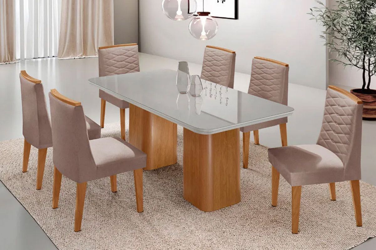Sala Jantar Mesa Maldivas Tampo c/ Vidro Curvo 180cm+6 Cadeiras Maldivas Madeira - Rufato