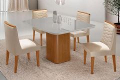 Sala Jantar Mesa Maldivas Tampo c/ Vidro Curvo 90cm+4 Cadeiras Maldivas Madeira - Rufato