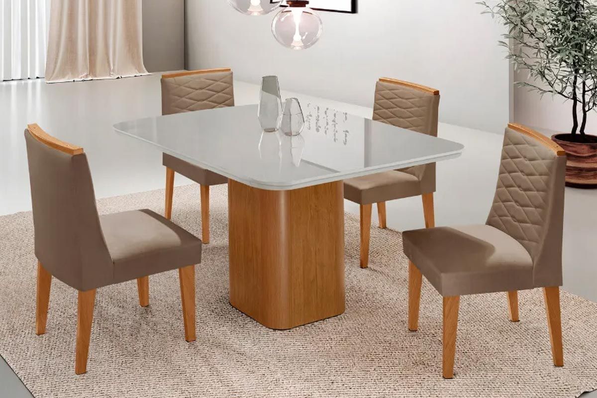 Sala Jantar Mesa Maldivas Tampo c/ Vidro Curvo 90cm+4 Cadeiras Maldivas Madeira - Rufato