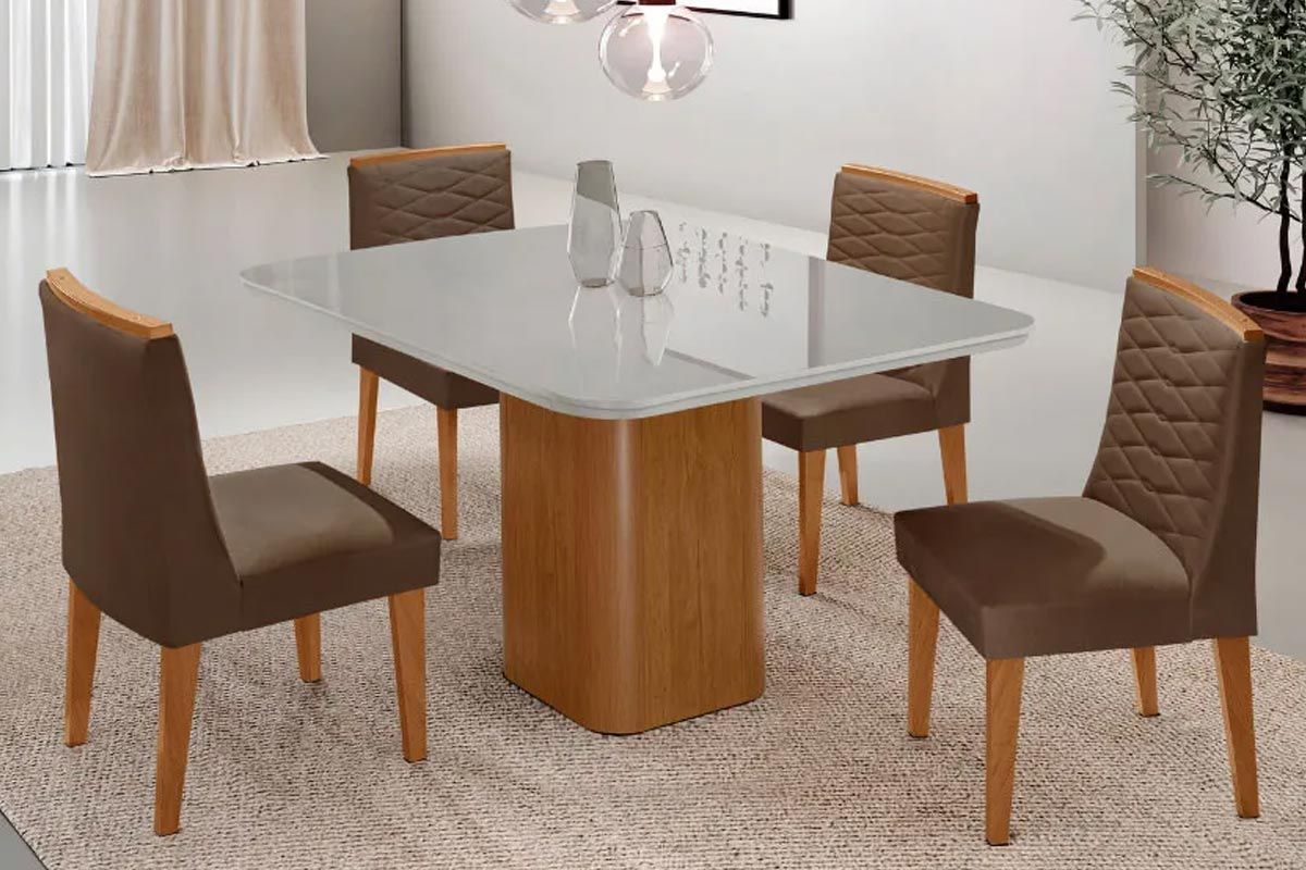 Sala Jantar Mesa Maldivas Tampo c/ Vidro Curvo 90cm+4 Cadeiras Maldivas Madeira - Rufato