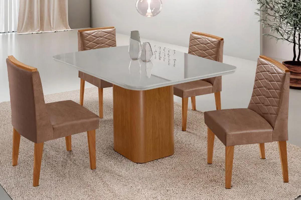 Sala Jantar Mesa Maldivas Tampo c/ Vidro Curvo 90cm+4 Cadeiras Maldivas Madeira - Rufato