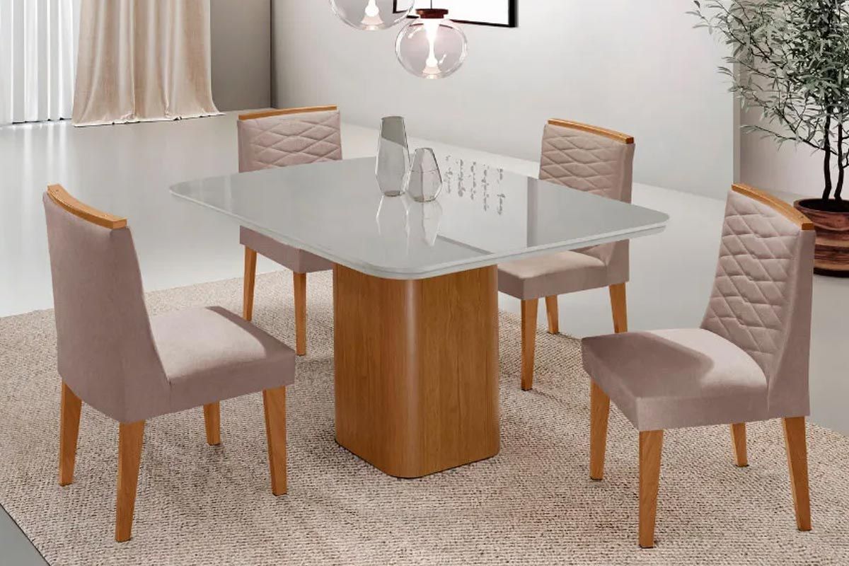 Sala Jantar Mesa Maldivas Tampo c/ Vidro Curvo 90cm+4 Cadeiras Maldivas Madeira - Rufato