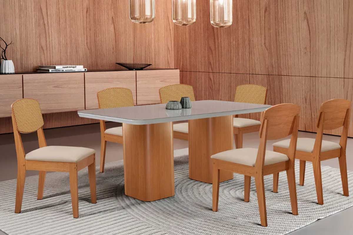 Sala Jantar Mesa Maldivas Curvo 180cm + 6 Cadeiras Havana - Rufato