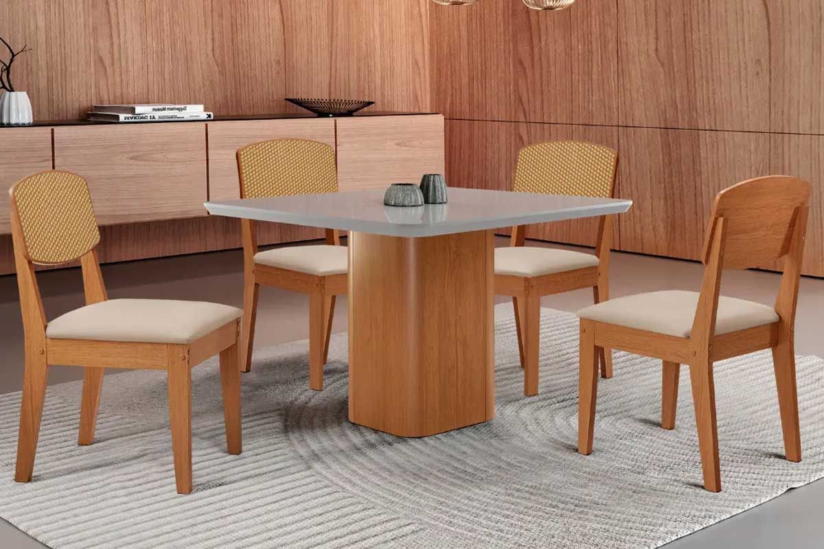 Sala Jantar Mesa Maldivas Tampo c/ Vidro Curvo 90cm+4 Cadeiras Havana - Rufato