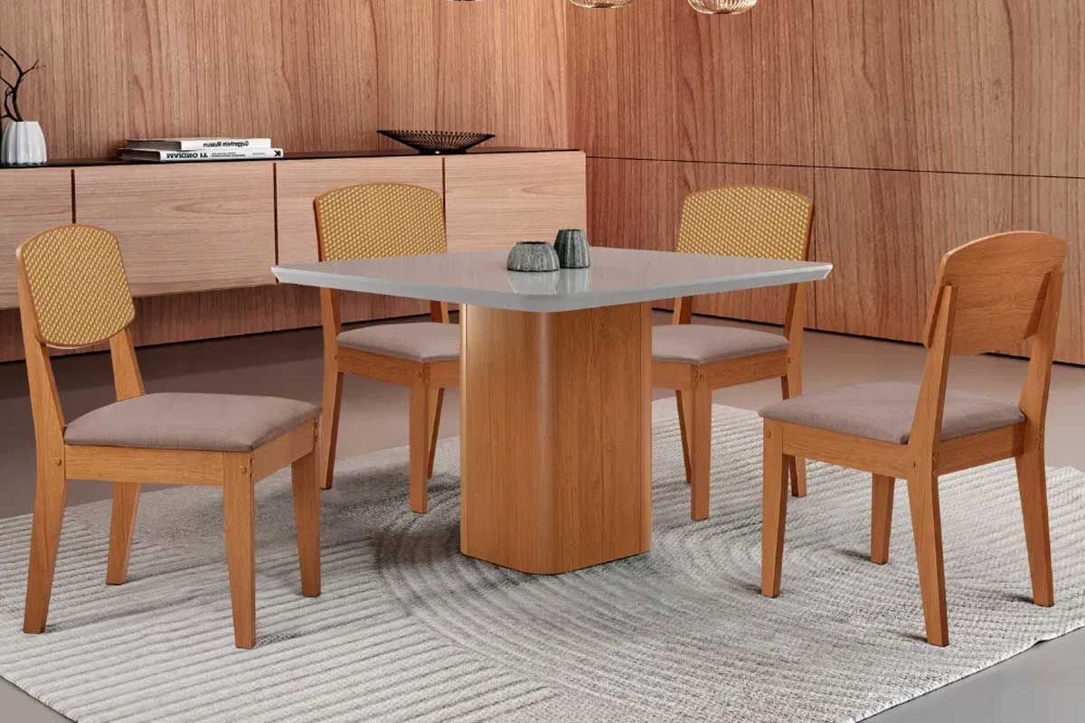 Sala Jantar Mesa Maldivas Tampo c/ Vidro Curvo 90cm+4 Cadeiras Havana - Rufato